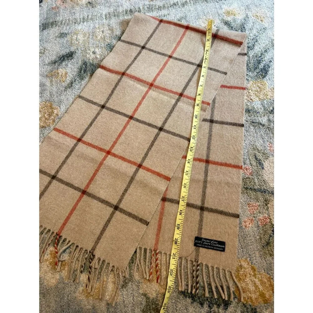 100% Cashmere Plaid Fringe Trim Handcraft Inc Western Germany Scarf